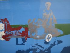 After John Edwards? (British 20th century) a surreal print depicting roman chariot being pulled by