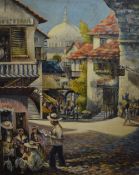 Bushell (20th Century) Oil on canvas, a vibrant Latin American street scene depicting people