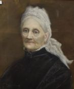 19th century portrait in pastel, depicting an elderly lady dressed in black, signed