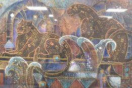 Sharon Whitehurst (American contemporary) colourful mixed media 'On The Terrace III' depicting two