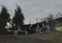 *Local Interest* John Cooke (British 1929 - 2018) watercolour, a pastoral scene depicting two cows