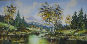 John Corcoran (British b.1940) Oil on canvas 'Scottish Scene' , an attractive forested river scene