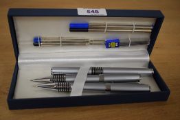 An eight piece pen set includes fountain pen, ballpoint pen and propelling pencil as well as refills