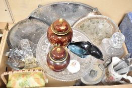 A large oval silver plated tray and two similar smaller trays, two Carlton Ware Rouge Royale