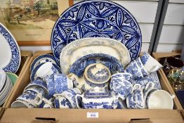 A carton of assorted blue and white ware.