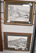 Two pen and ink prints depicting Ballater Bridge and Invercaud Bridge in Aberdeenshire mounted