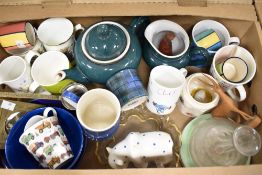 A Green Herdy mug, a Denby stoneware teapot and milk jug in teal green glaze with white inner, a