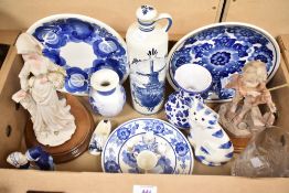 A small selection of blue and white ware including Delft, a cut glass tankard and two figurines