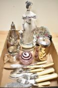 A small selection of silver plated items including a tea set, sugar sifter and fish cutlery, a