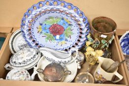 A large Portuguese reticulated display plate, a Majolica style vase decorated with a large rose to