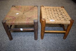 Two vintage wooden stools with woven seats 30cm x 26cm x 23cm and 27cm x 23cm.