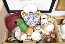 A large blue and white vase having gilt handles and pedestal base 36cm two vintage car badges RAC