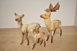 A Beswick Pottery Deer Family comprising Stag (Standing) model number 981, Doe model number 999A and