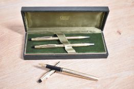 A boxed Cross Rolled Gold converter fill fountain pen, ballpoint pen and propelling pencil set