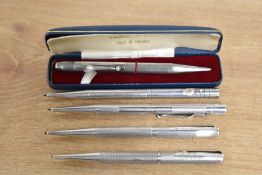 Five Yard o Led propelling pencils all Hallmarked Silver. One boxed, one missing the clip, three
