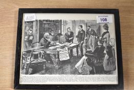 A framed etching 'The Happy Penman' quoting All Marriage Settlements should be signed with Brandauer