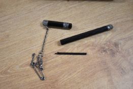 A boxed broken Mabie Todd and Bard eyedropper pen with snail trail silver band to cap and barrel