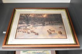 20th century lithograph 'Shortening Winters Day', a farmer tending his flock of sheep in the snow at