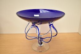 A vintage Jpsefina Krosno Jellyfish glass bowl, in cobalt blue, measures 25cm tall.