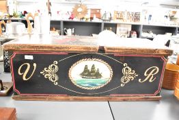 A large decorative hand-painted captain's or similar chest having maritime themed paintwork,