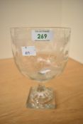 A 19th century over-sized engraved glass rummer/goblet, the tapering cylindrical bowl engraved
