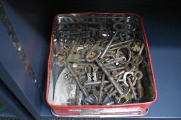 A collection of miscellaneous iron, steel and brass keys, mainly large in size