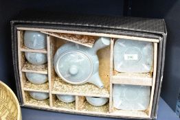 A 20th-century Korean Haeng Nam Ceramic Goryeo ‘Celadon’ tea set, featuring a soft teal-green base