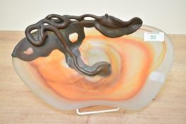 A 20th century Filip Ravert studio art glass paste and bronze bowl, the body with swirling orange