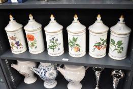 A set of six 20th-century French Warin Limoges porcelain floral and fruit decorated pharmacy storage