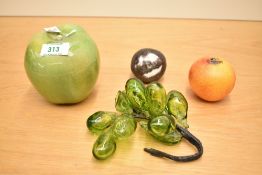 A selection of 20th-century studio glass decorative fruits, to include a green grape cluster, a GOZO