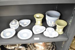 Nine 20th-century Wedgwood jasperware ceramic items, including a pair of green decorative vases,