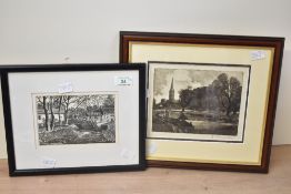 After J Chamberlain (British 19th century?) etching, figures walking along a river bank with