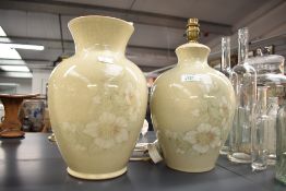 A large Denby stoneware 'Daybreak' pattern vase measuring 30cm tall sold together with a lamp of