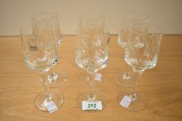 A set of six 20th-century Metropolitan Crystal Glassworks (MCG) liqueur glasses, featuring