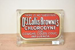 A late 19th to mid 20th century glass advertising sign for Dr. J. Collis Browne’s Chlorodyne, the