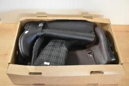 Three pairs of ladies wellngton boots, comprising a black and a brown pair with buckle detail,