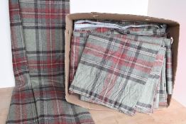 A quantity of soft home furnishings in sage green and red woollens, to include a pair of homemade,