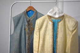 A collection of ornate Arabic men's wedding suit pieces, comprising an ankle length Sherwani