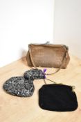 Three 20th century vintage frame bags to include black velvet example with brass, black and gold