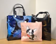 Three y2k shopping totes, including a 2000s Ted Baker example, another Ted Baker, black with gold