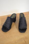 A pair of 1990s D E Shoes slingback mules in black matte satin, with a covered block heel and