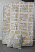 A handmade patchwork quilt and matching throw cushion, in pleasant pastel hues to include mint,