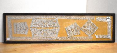 A collection of antique lace samples, to include edging ribbon, cuffs, collar panels and square,