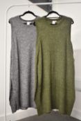 Two ICHI knitted tank dresses, in wool and mohair blend with nylon, Japanese made, khaki green and