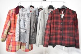 Five ladies Joe Browns jackets in tartan, tweed, plaid or boucle fabrics, reds, blues and