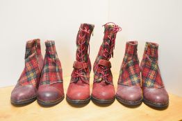 Three pairs of ladies heeled ankle boots in maroon tartan and synthetic leather, two pairs in the