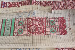 Three 20th century lace makers pattern plans, hand painted on paper and labelled with numbers,