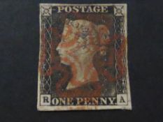 GB 1840 1d BLACK 4 MARGINS PLATE 9 CORNER LETTERS RA FINE USED WITH RED MALTESE CROSS Four margin