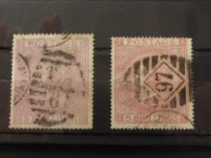 GB 1867/74 5 SHILLING PALE ROSE, PLATES 1 & 2 IN CARD Pair of pale rose 5 shilling stamps from the