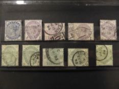 GB 1883 GREENS & LILACS, SET OF 10 ALL FINE USED Card with a full run of the Green and Lilacs
